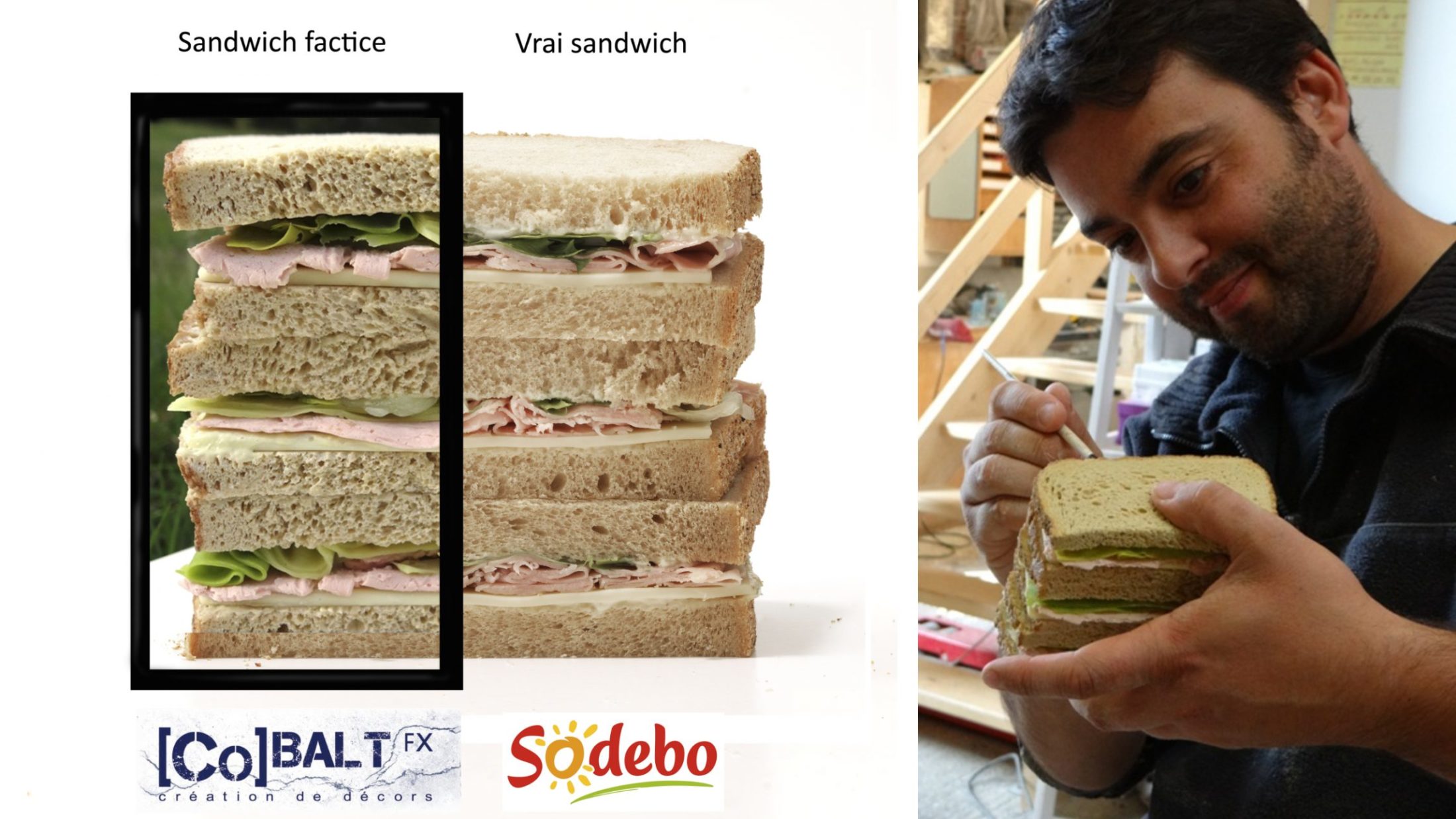 travail de réalisation de sandwich factice avec comparaison vrai et faux