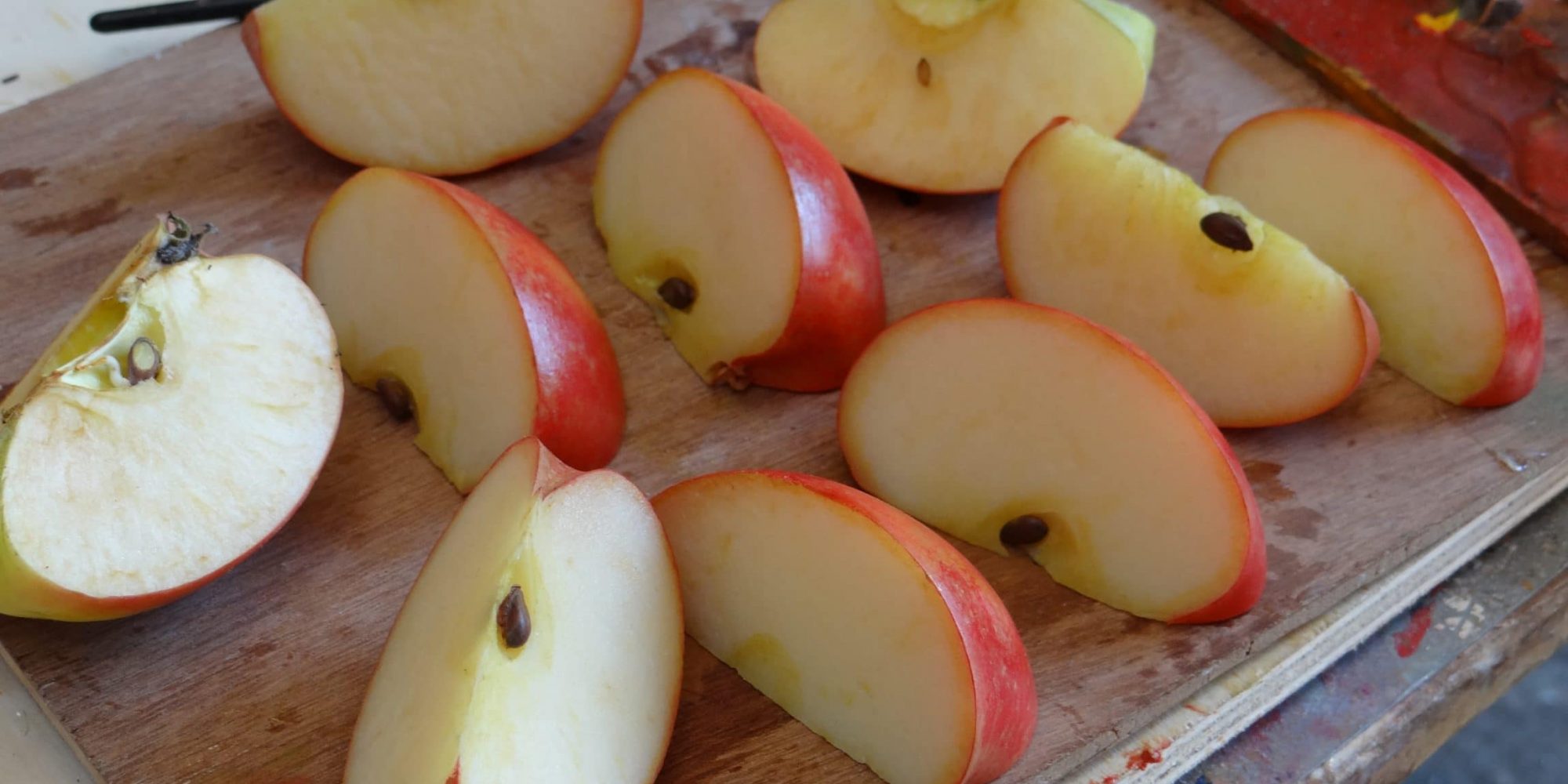 fruits factices alimentaires réalisation de faux quartiers de pomme en résine avec pépins et queues