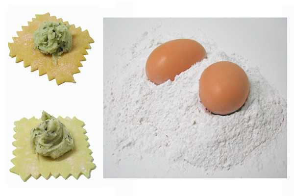 pâtes factices raviolis frais et faux œufs en résine avec farine factice