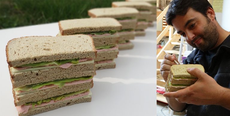 étape de travail de finition dans la réalisation de factices alimentaires de sandwichs