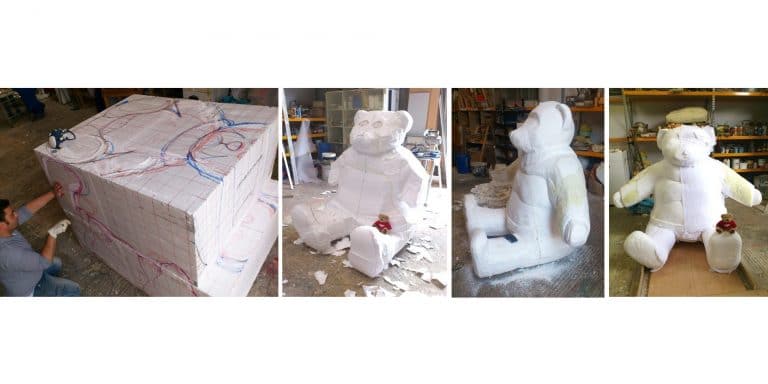 différentes étapes de sculpture en taille directe sur polystyrène avant recouvrement en fibres et résine