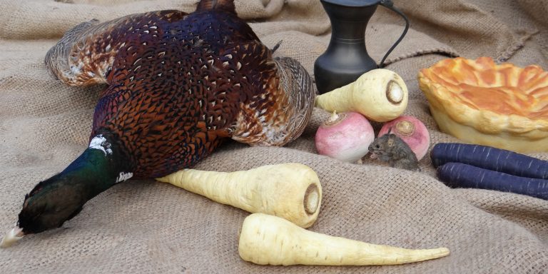 éléments de décor factices et taxidermie pour scénographie de cuisines de château historique