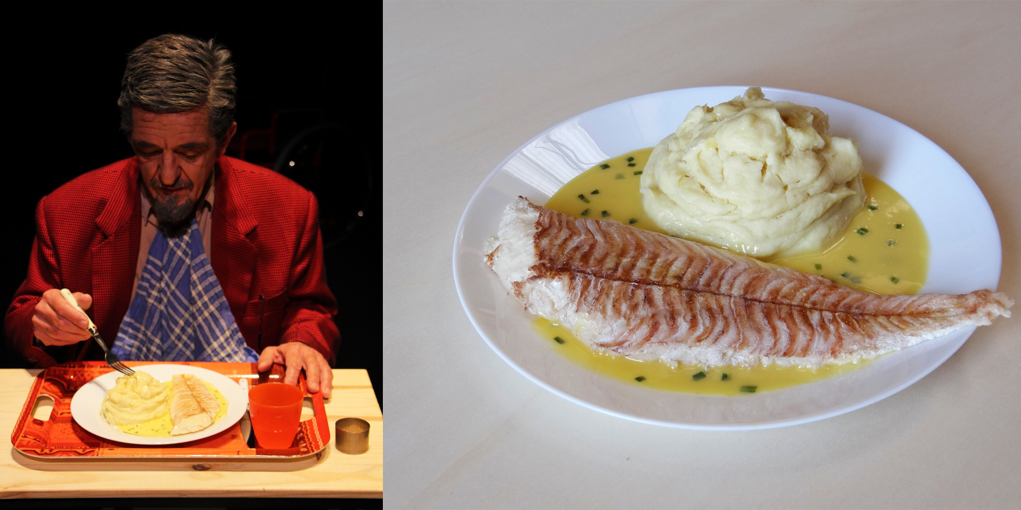 Accessoire de scène pour le théâtre : création d'un plat factice de type cantine filet de poisson avec purée au beurre