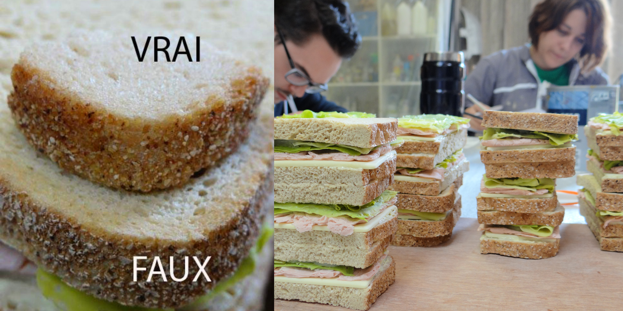 étape de travail de réalisation de factices alimentaires de sandwichs en résine à l'Atelier COBALT Fx avec comparaison du vrai et faux pain de mie